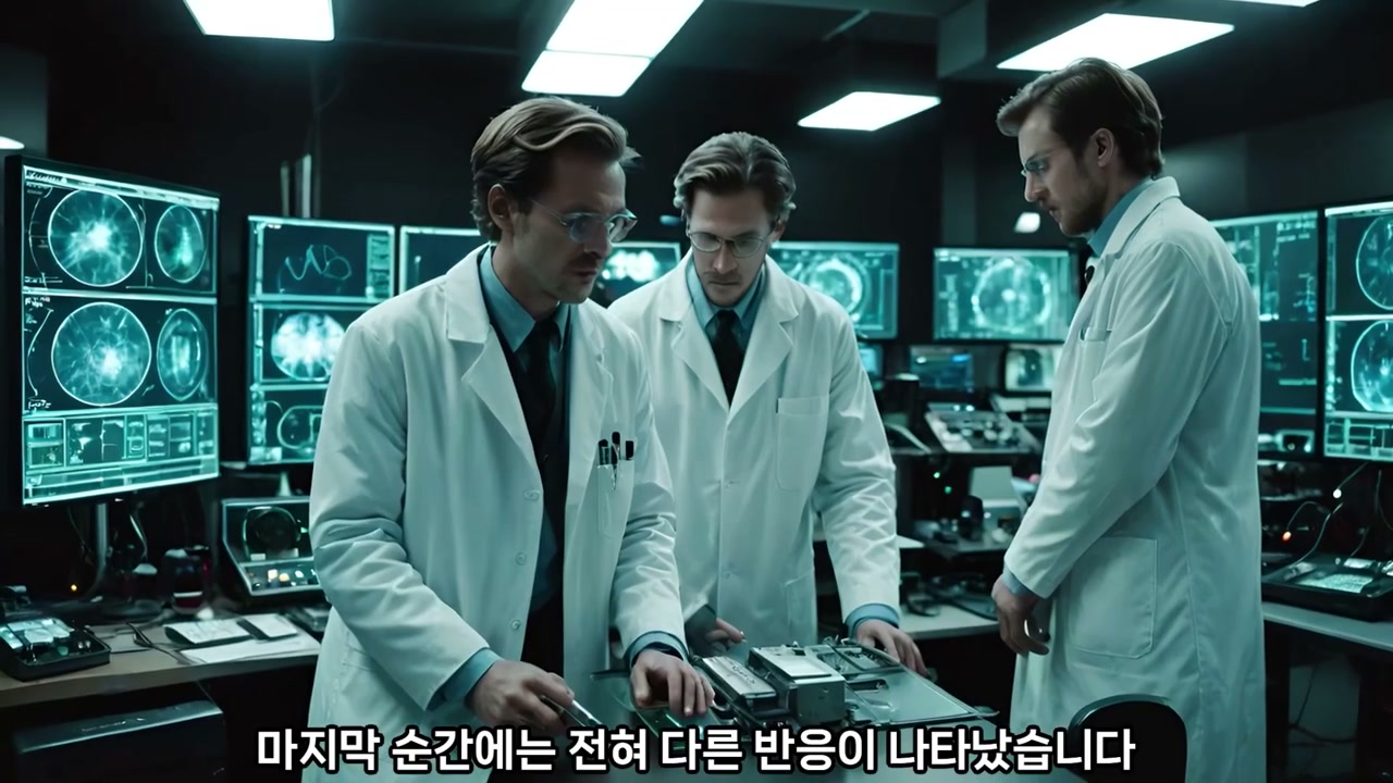 모니터가 늘어선 연구실에서 장비를 살피는 흰 가운 차림의 과학자 세 명
