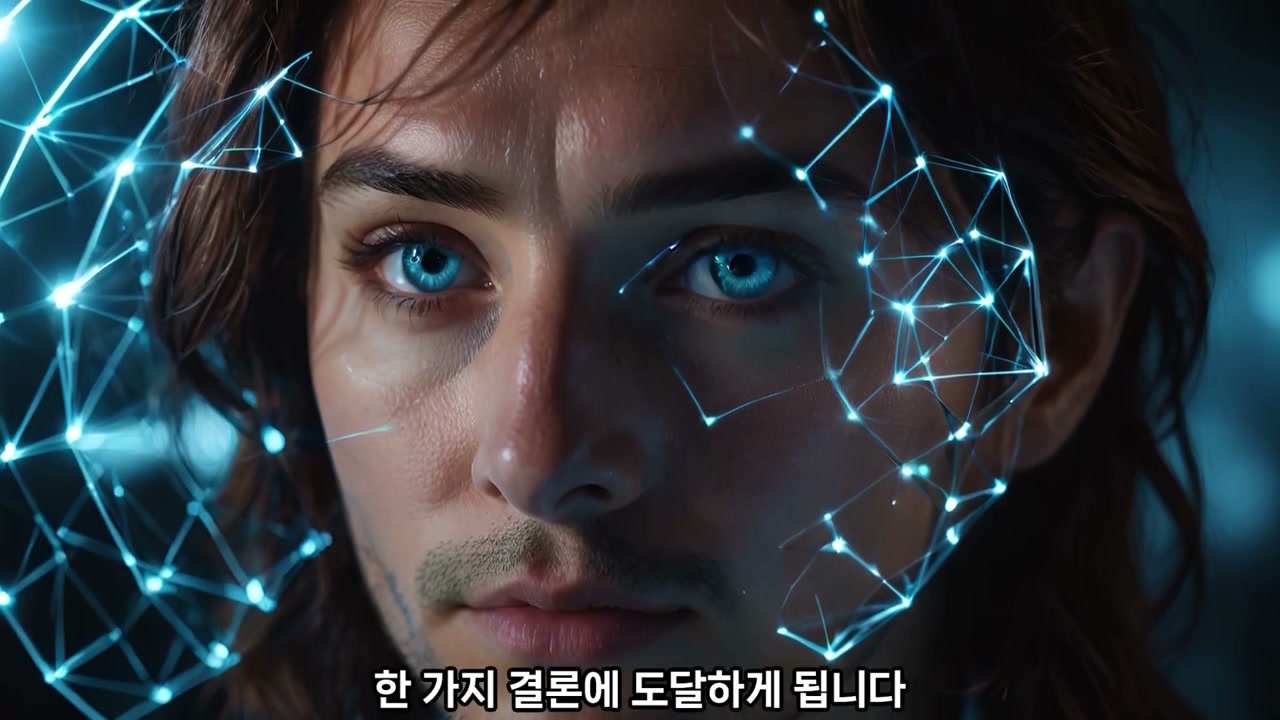 푸른 빛의 그물망이 얼굴 위로 겹쳐진 파란 눈의 남성 클로즈업