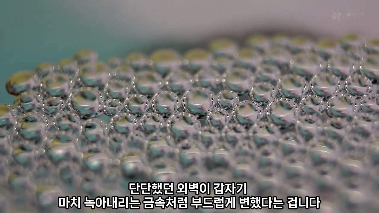 청록색 배경 앞에 투명한 물방울이 벌집처럼 촘촘히 늘어선 접사 장면