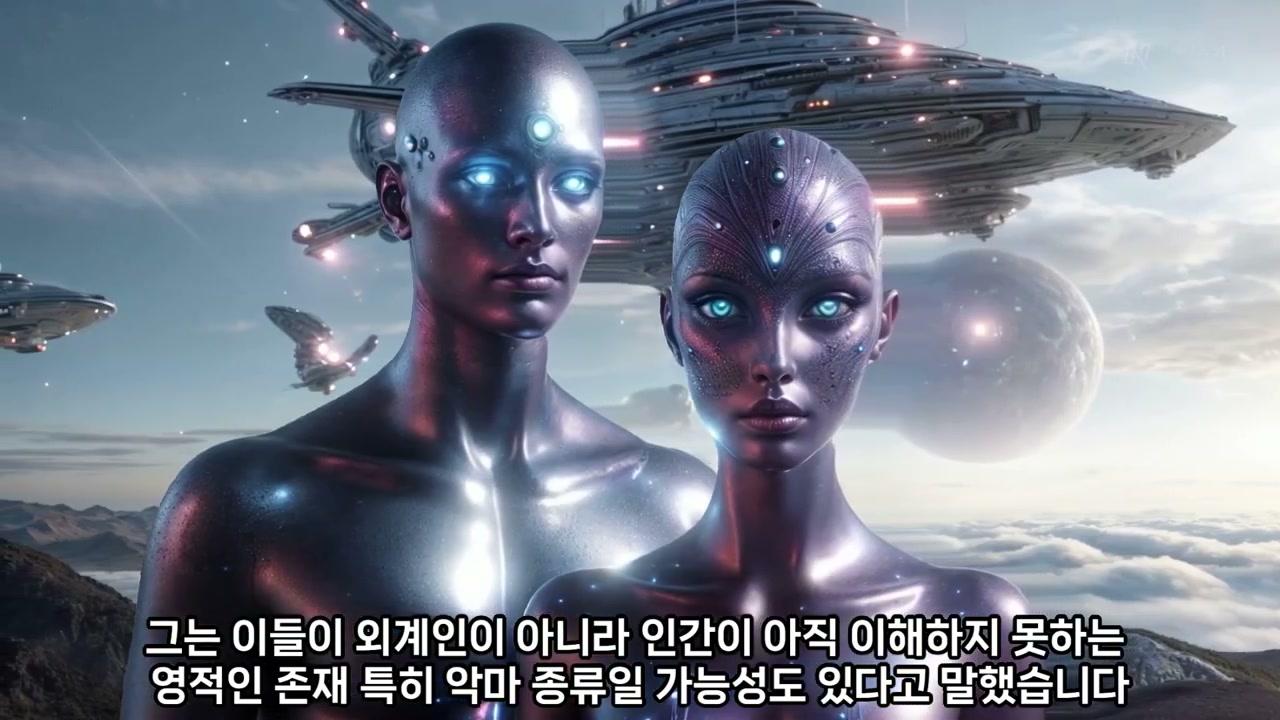 금속 질감의 피부에 이마와 눈이 푸르게 빛나는 두 인물 형상 뒤로 하늘 위 대형 우주선과 작은 비행체가 떠 있는 장면